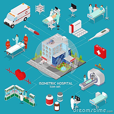 Medicine Hospital Concept Isometric View. Vector Vector Illustration