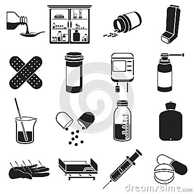 Medicine and hospital set icons in black style. Big collection medicine and hospital vector symbol stock illustration Vector Illustration