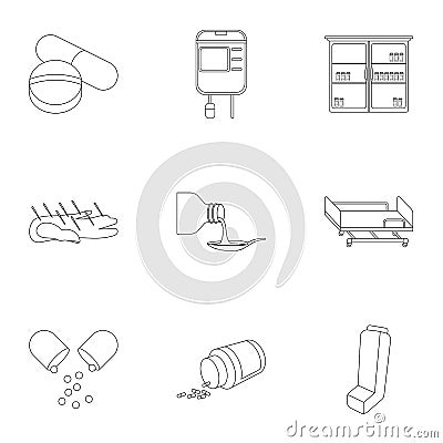 Medicine and hospital set icons in outline style. Big collection of medicine and hospital vector symbol stock Vector Illustration