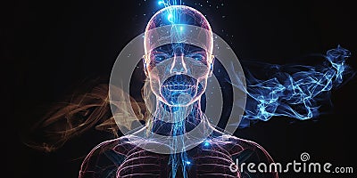 human body head shape anatomy with artery brain nervous system electrogram and soul energy wave illustration Cartoon Illustration