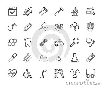 Medicine, icons, monochrome, contour drawing, flat, vector. Vector Illustration