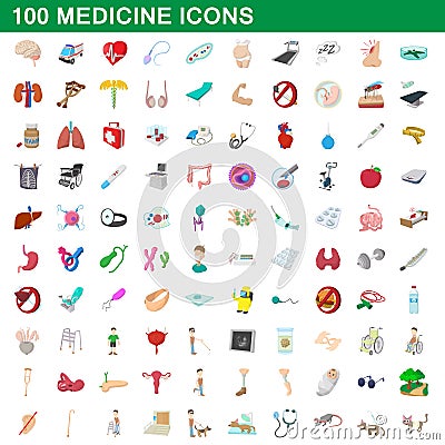 100 medicine icons set, cartoon style Vector Illustration