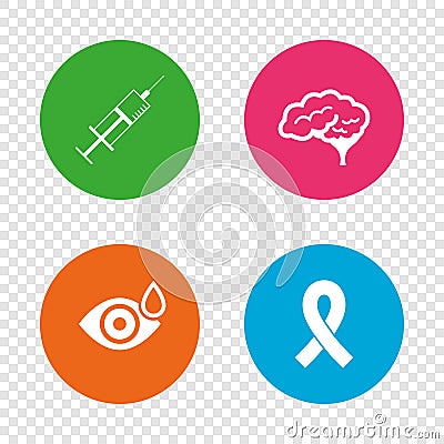 Medicine icons. Syringe, eye, brain and ribbon. Vector Illustration