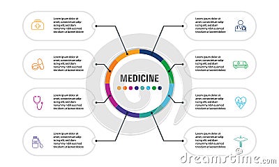 Medicine Infographics vector design. Timeline concept include medical bag, syringe, pills icons. Can be used for report, Stock Photo