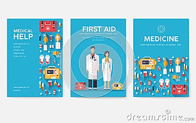 Medicine information cards set. Medical template of flyear, magazines, posters, book cover. Clinical infographic concept Vector Illustration