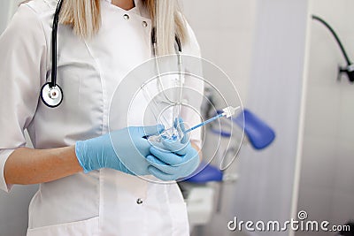 Medicine instrument vaginal speculum, vaginoscope, gloves gynecologist doctor and other medical equipment in clinic hospital. Stock Photo