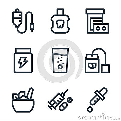 medicine line icons. linear set. quality vector line set such as drops, drugs, ayurvedic, herbal tea, effervescent, glucose, Vector Illustration