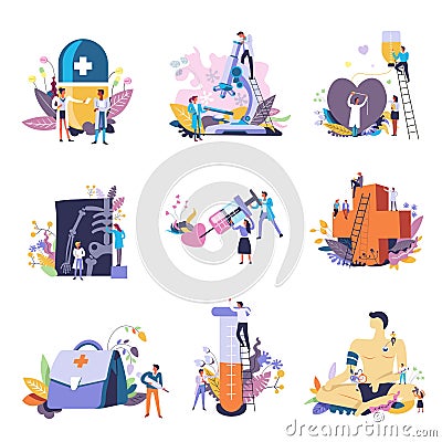 Medicine and medical conceptual icons. Vector small people doctors with big syringe Vector Illustration