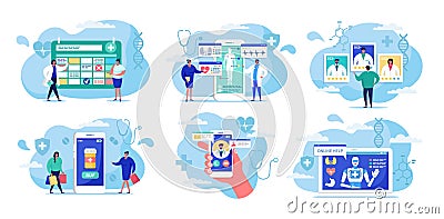 Medicine online and medical healthcare, doctors medics help and research vector illustration concept. Vector Illustration