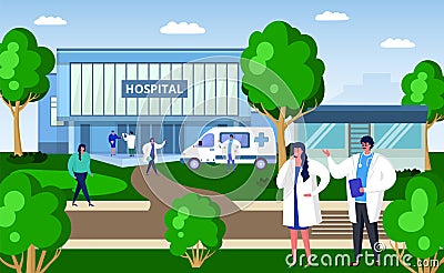 Medicine outside space concept, vector illustration. Professional doctors relax at street, plant design. Hospital Vector Illustration