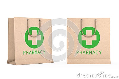 Medicine Paper Recycled Bag with Pharmacy Sign. 3d Rendering Stock Photo