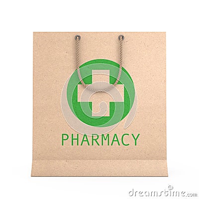 Medicine Paper Recycled Bag with Pharmacy Sign. 3d Rendering Stock Photo