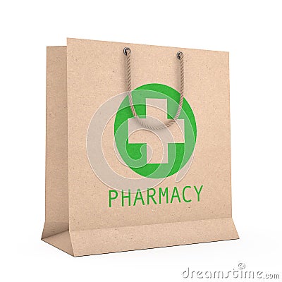 Medicine Paper Recycled Bag with Pharmacy Sign. 3d Rendering Stock Photo
