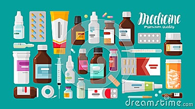 Medicine, pharmacy, hospital set of drugs with labels. Medication, pharmaceutics concept. Vector illustration Vector Illustration