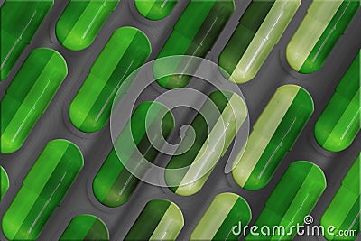 Medicine pharmacy tablets background. 3D render macro closeup set of pills. Inclined right row lines of capsules in blue green Cartoon Illustration