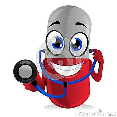 Medicine Pill Mascot holding a Stethoscope Vector Illustration