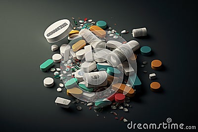 Medicine Pills Addiction. Overprescribing Antibiotics, Drugs Addiction Concept. Ai generated Cartoon Illustration