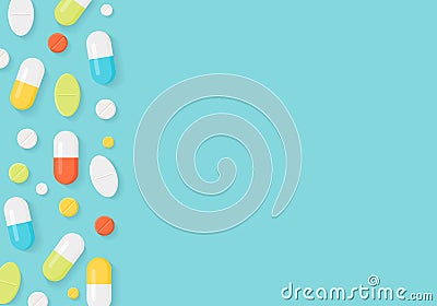 Medicine Pills Border Background. Colorful Tablets and Capsules Vector Illustration