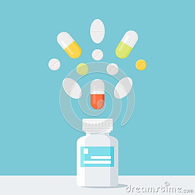 Medicine Pills Bottle with Pills over It. Vector Illustration