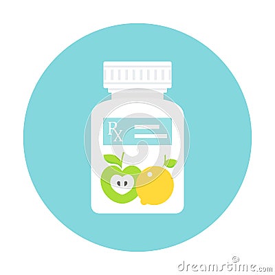 Medicine Pills Bottle with RX Prescription Sticker and Fruit. Food as Medicine Vector Concept Illustration Vector Illustration