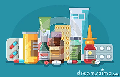 Medicine. Pills, capsules and glass meds bottles with medicine, tubes with ointment, medication spray. Pharmacological Vector Illustration