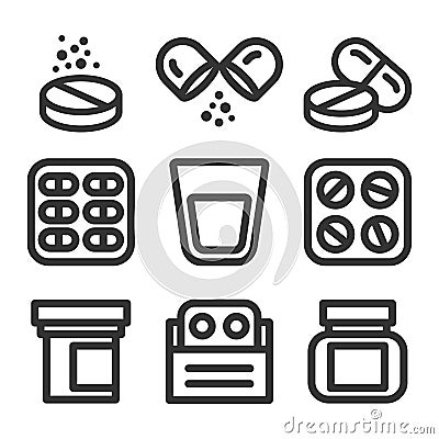 Medicine and pills vector line style icon set Vector Illustration