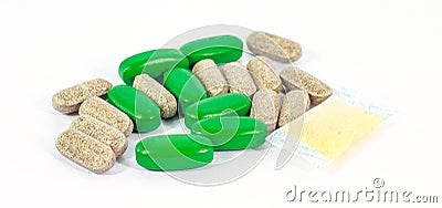 medicine pills on white background. Stock Photo