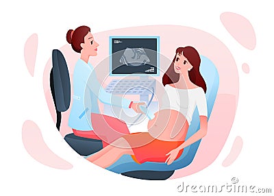 Medicine pregnancy consultation, doctor examining pregnant woman with ultrasound scanner Vector Illustration