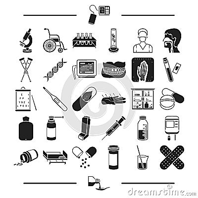 Medicine, prevention, pharmacy and other web icon in black stylesyrup, equipment, treatment, icons in set collection. Vector Illustration