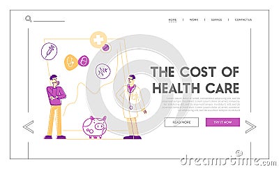 Medicine Price, People Saving and Collect Money, Health Care Cost Landing Page Template. Male Patient and Doctor Vector Illustration