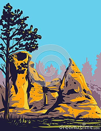 Medicine Rocks State Park with Sandstone Pillars in Western Montana USA WPA Poster Art Vector Illustration