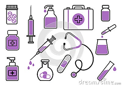 Medicine. Set of black and purple icons. Vector Cartoon Illustration