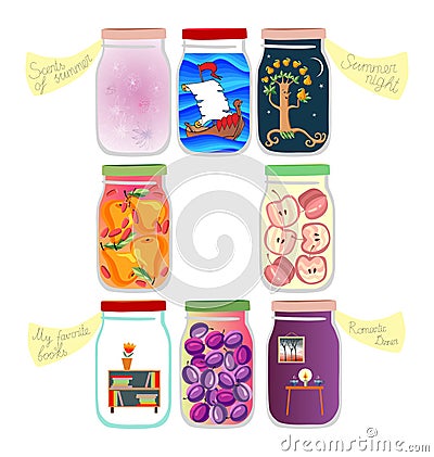 Medicine for the soul: memories of voyage, summer night, favorite books, scents of summer, romantic dinner and a few jars of jam Vector Illustration