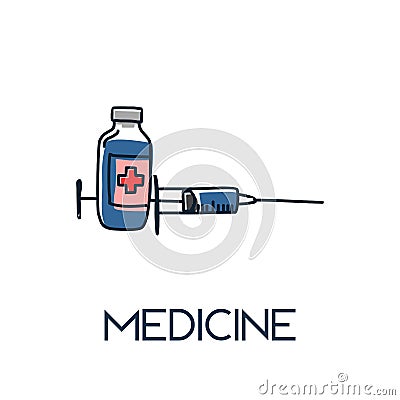 Medicine - srynge and vaccine minimalist out line hand drawn medic flat icon illustration Vector Illustration