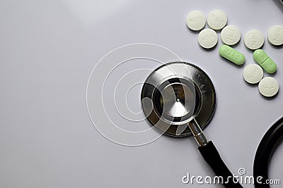 Medicine stethoscope and different tablet pills. Healthcare or Medical concept Stock Photo