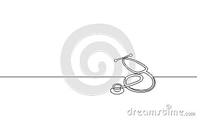 Medicine stethoscope single continuous line art. Health care World Day medical science research doctor nurse equipment Vector Illustration