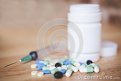 Medicine supplement and drug on wooden background, Close up of c Stock Photo