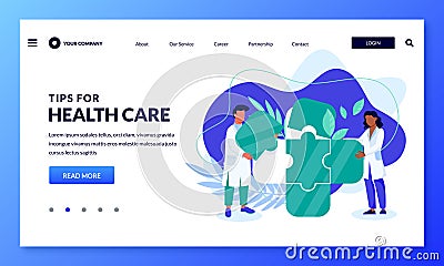 Medicine support, health care abstract concept. Vector flat cartoon illustration. Doctors make green cross from puzzles Vector Illustration