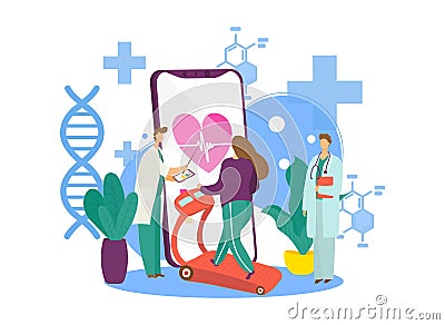 Medicine support for healthy sport, vector illustration. Woman character run at training equipment, doctor watch Vector Illustration