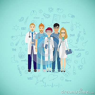 Medicine team concept with different doctors. Group of practitioner doctors young man and woman standing together Vector Illustration