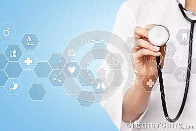 Medicine technology and healthcare concept. Medical doctor working with modern pc. Icons on virtual screen. Stock Photo