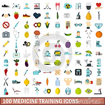 100 medicine training icons set, flat style Vector Illustration