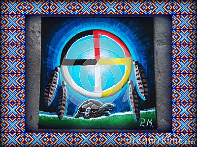 Medicine Wheel with feathers hanging and a land tortoise walking below. Native American canvas painting. Cartoon Illustration