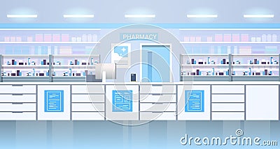 medicines arranged in shelves empty no people pharmacy modern drugstore interior horizontal Vector Illustration