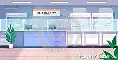 medicines arranged in shelves empty no people pharmacy modern drugstore interior horizontal Vector Illustration