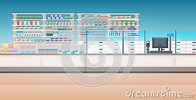 Medicines arranged in shelves empty no people pharmacy modern drugstore interior Vector Illustration