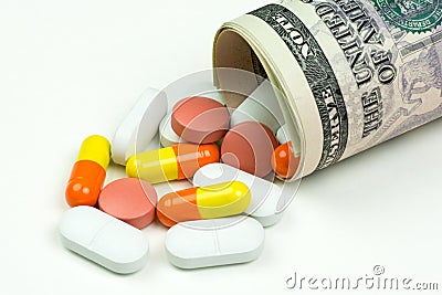 Medicines, capsules and pills lying on money, on white background Vector Illustration