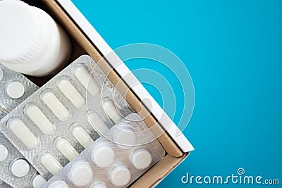 Medicines delivery, medicine box, online order from a pharmacy Stock Photo