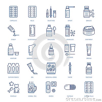 Medicines, dosage forms line icons. Pharmacy medicaments, tablet, capsules, pills, antibiotics, vitamins, painkillers Vector Illustration