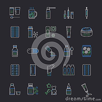 Medicines, dosage forms line icons. Pharmacy medicaments, tablet, capsules, pills, antibiotics, vitamins, painkillers Vector Illustration